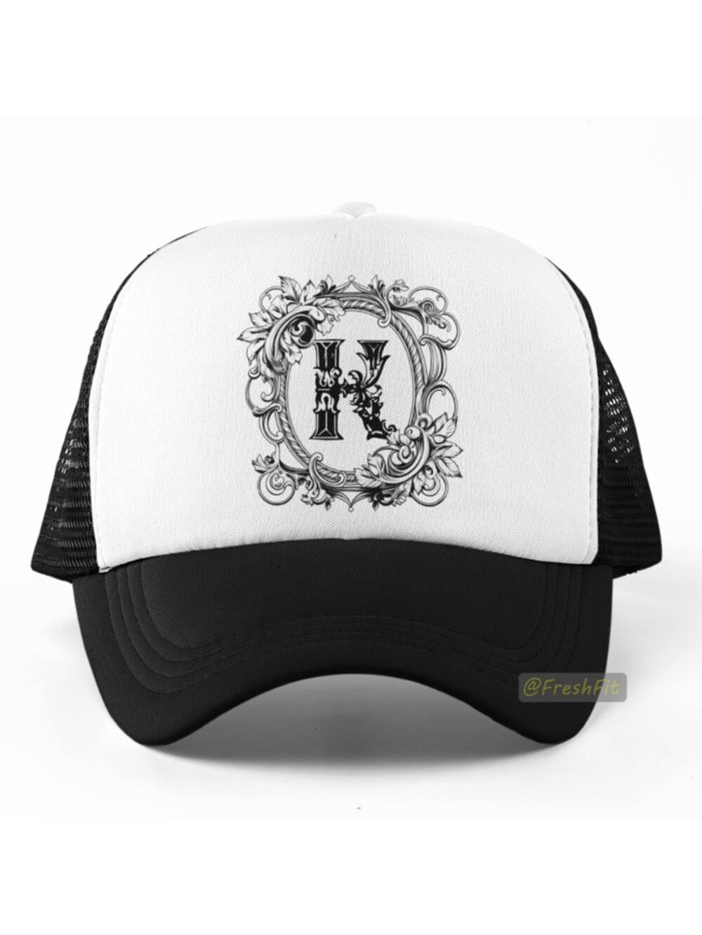 🆕Letter K Ornate Initial Foam Trucker Hat Mesh Snapback Cap Black/White